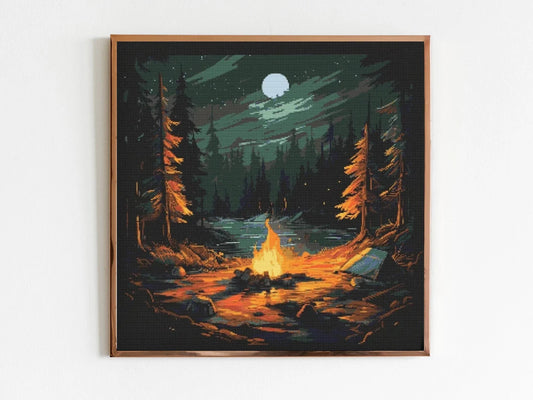 Campfire Woodland Cross Stitch Sewing Embroidery Pattern Instant DMC Download X-Stitch Landscape Cottagecore Needlework Forest Camping
