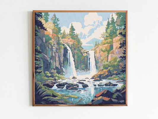 Mountain Waterfall Cross Stitch Sewing Embroidery Pattern Instant DMC Download X-Stitch Landscape Cottagecore Needlework