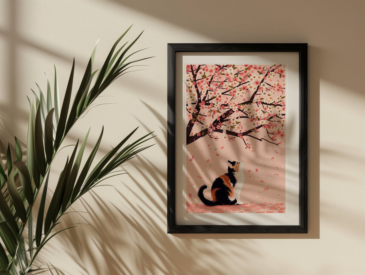 Calico Cat Under Cherry Blossoms - Digital Download, Japanese Cherry Blossom Art Print, Spring Feline Wall Decor, Cute Cat Printable