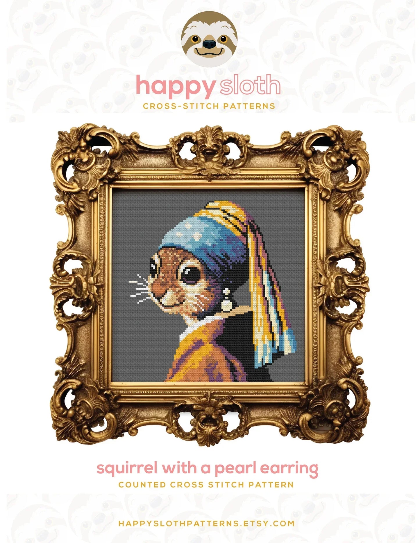Squirrel With A Pearl Earring Cross Stitch Pattern - Funny Animal Cross Stitch Chart - Art History Cross Stitch - Famous Artworks - Vermeer