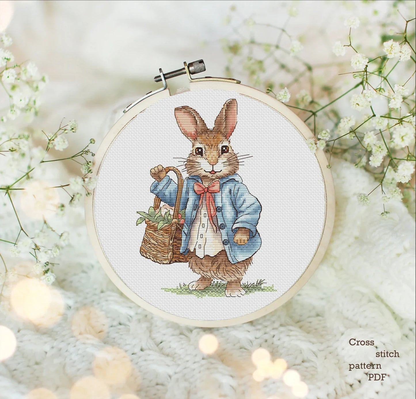 Rabbit boy Cross Stitch Pattern, bunny with a basket of flowers Instant Download Detailed Design Spring Summer Decor PDF Digital File