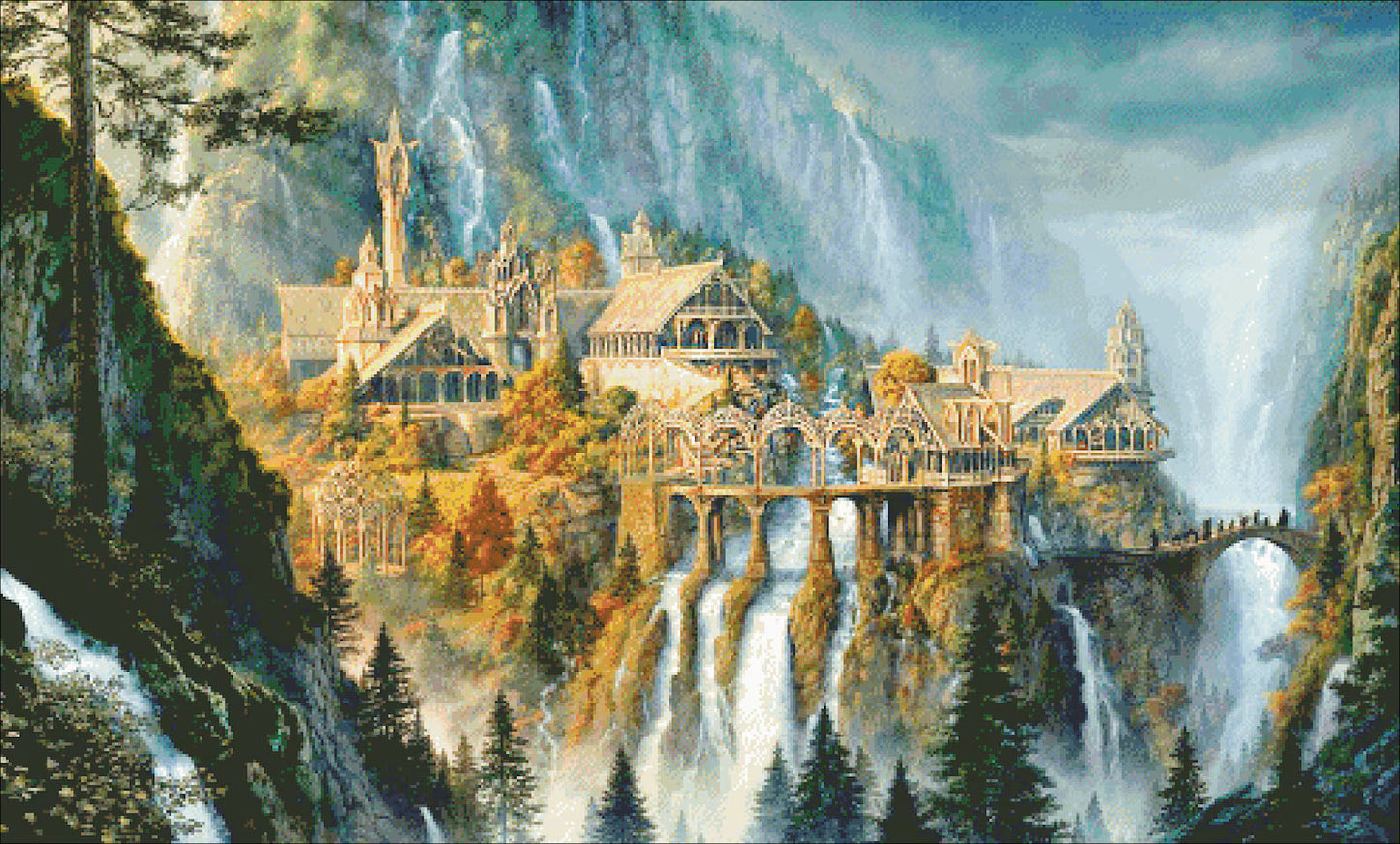 PDF Cross Stitch Pattern "Rivendell Sunset" DMC 88 Solid/Blended Colors 498w X 300h Stitches, Size on 18th Count 71w X 43h cm (28w' X 17h')