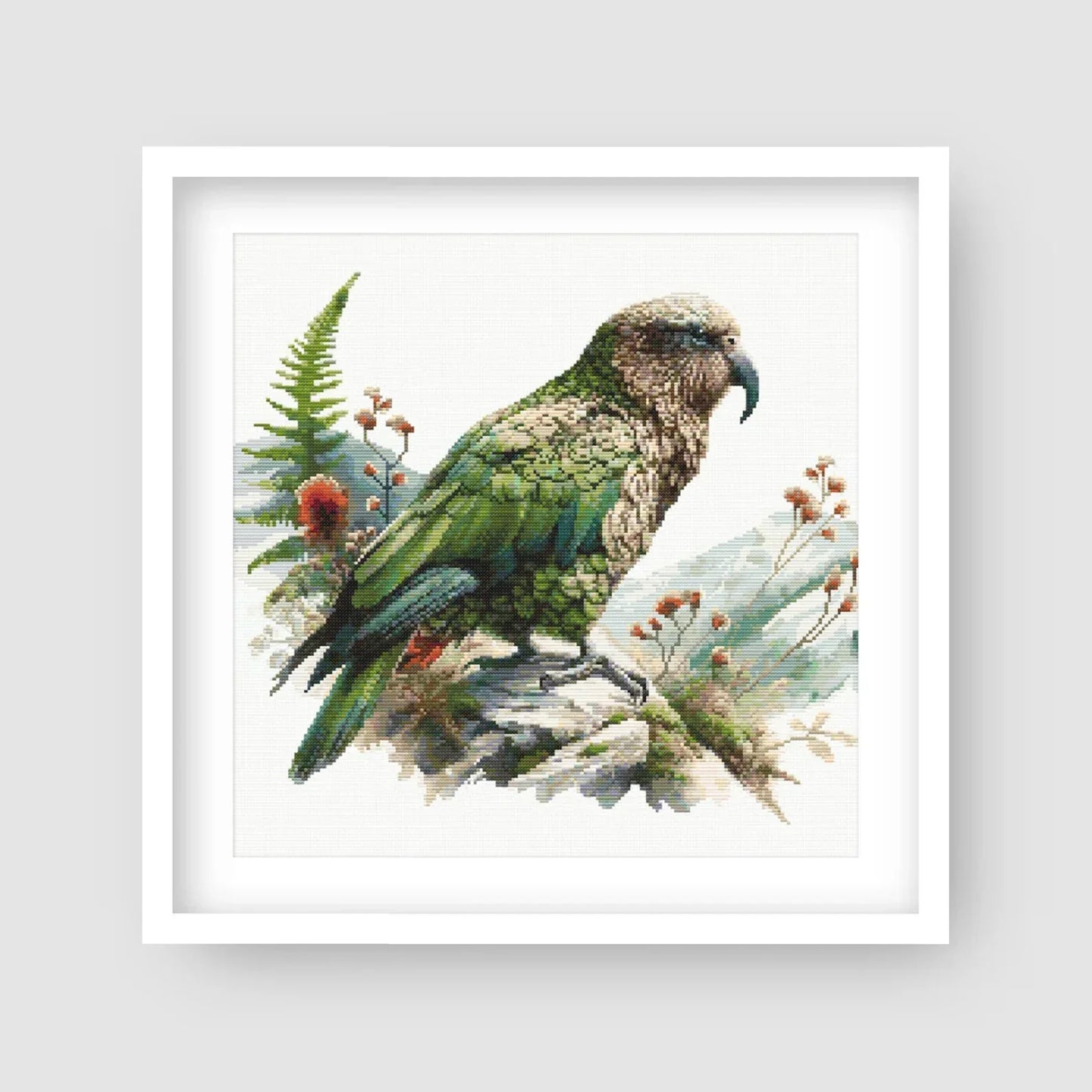 New Zealand Kea Cross Stitch Pattern. Native New Zealand Bird Cross-Stitch Pattern in watercolor tones. Digital PDF Download