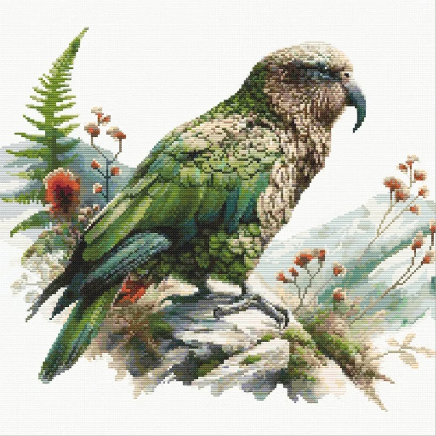 New Zealand Kea Cross Stitch Pattern. Native New Zealand Bird Cross-Stitch Pattern in watercolor tones. Digital PDF Download