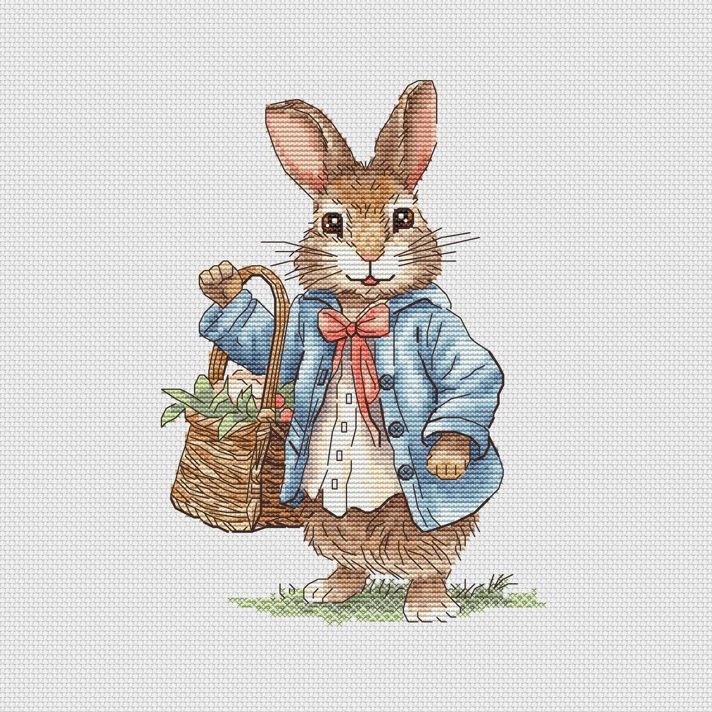 Rabbit boy Cross Stitch Pattern, bunny with a basket of flowers Instant Download Detailed Design Spring Summer Decor PDF Digital File