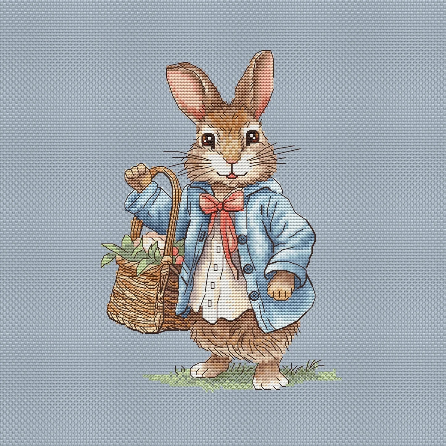 Rabbit boy Cross Stitch Pattern, bunny with a basket of flowers Instant Download Detailed Design Spring Summer Decor PDF Digital File