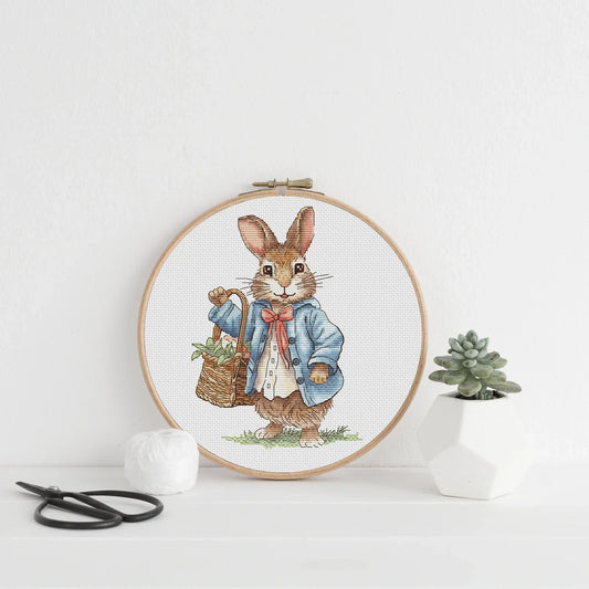 Rabbit boy Cross Stitch Pattern, bunny with a basket of flowers Instant Download Detailed Design Spring Summer Decor PDF Digital File