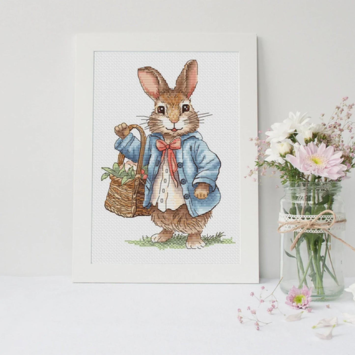 Rabbit boy Cross Stitch Pattern, bunny with a basket of flowers Instant Download Detailed Design Spring Summer Decor PDF Digital File