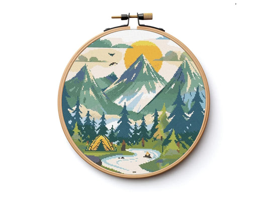 Campsite Mountains Woodland Cross Stitch Sewing Embroidery Pattern DMC X-Stitch Landscape Cottagecore Needlework Forest Camping Patagonia