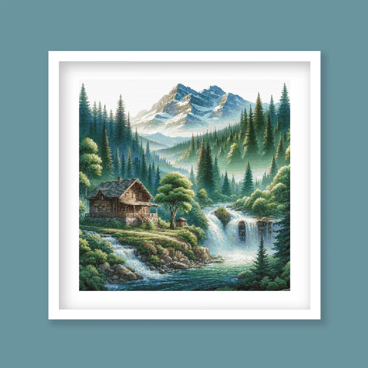 Mountain Cabin Retreat Cross Stitch Pattern – Waterfall & Forest Landscape, Scenic Embroidery Design. Digital PDF Download.
