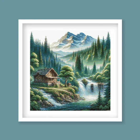 Mountain Cabin Retreat Cross Stitch Pattern – Waterfall & Forest Landscape, Scenic Embroidery Design. Digital PDF Download.