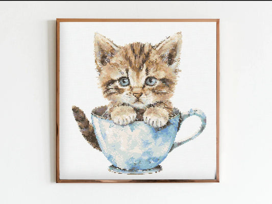 Cute Kitten in a Teacup Cross Stitch Sewing Embroidery Pattern Instant DMC Download X-Stitch Flowers Cottagecore Cute Cat Lover Kitty Ginger