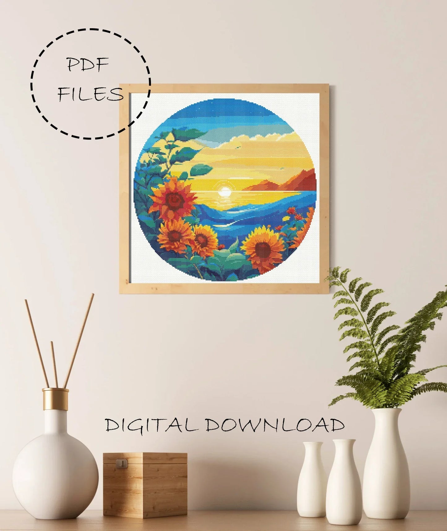 Landscape Cross Stitch Pattern | Landscape Cross Stitch | Sunflower Cross Stitch | Sunflower Embroidery Pattern | Landscape Cross Stitch Kit