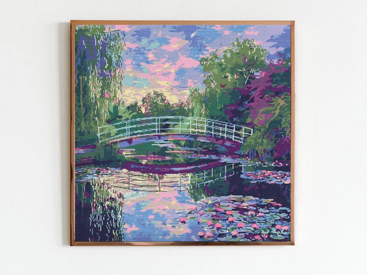 Monet Style Bridge Cross Stitch Sewing Embroidery Pattern Instant DMC X-Stitch Landscape Cottagecore Needlework River Art Artwork Reflective