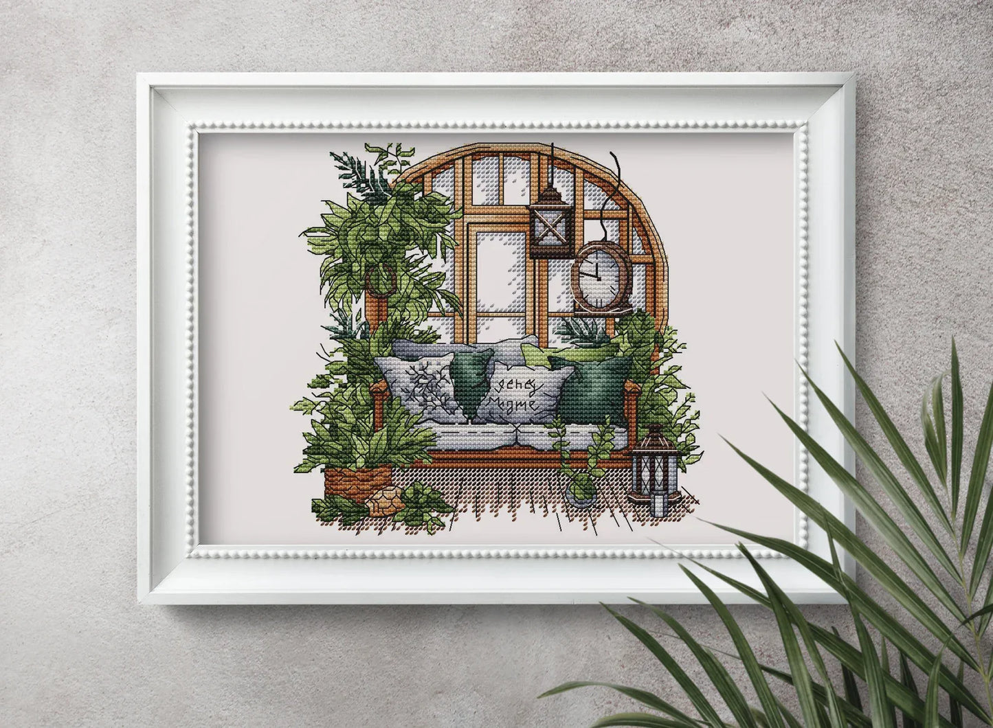 Garden Pattern for Cross Stitch, Interior Embroidery PDF, Green Garden Embroidery PDF, Terrace window cross stitch, Embroidery decor