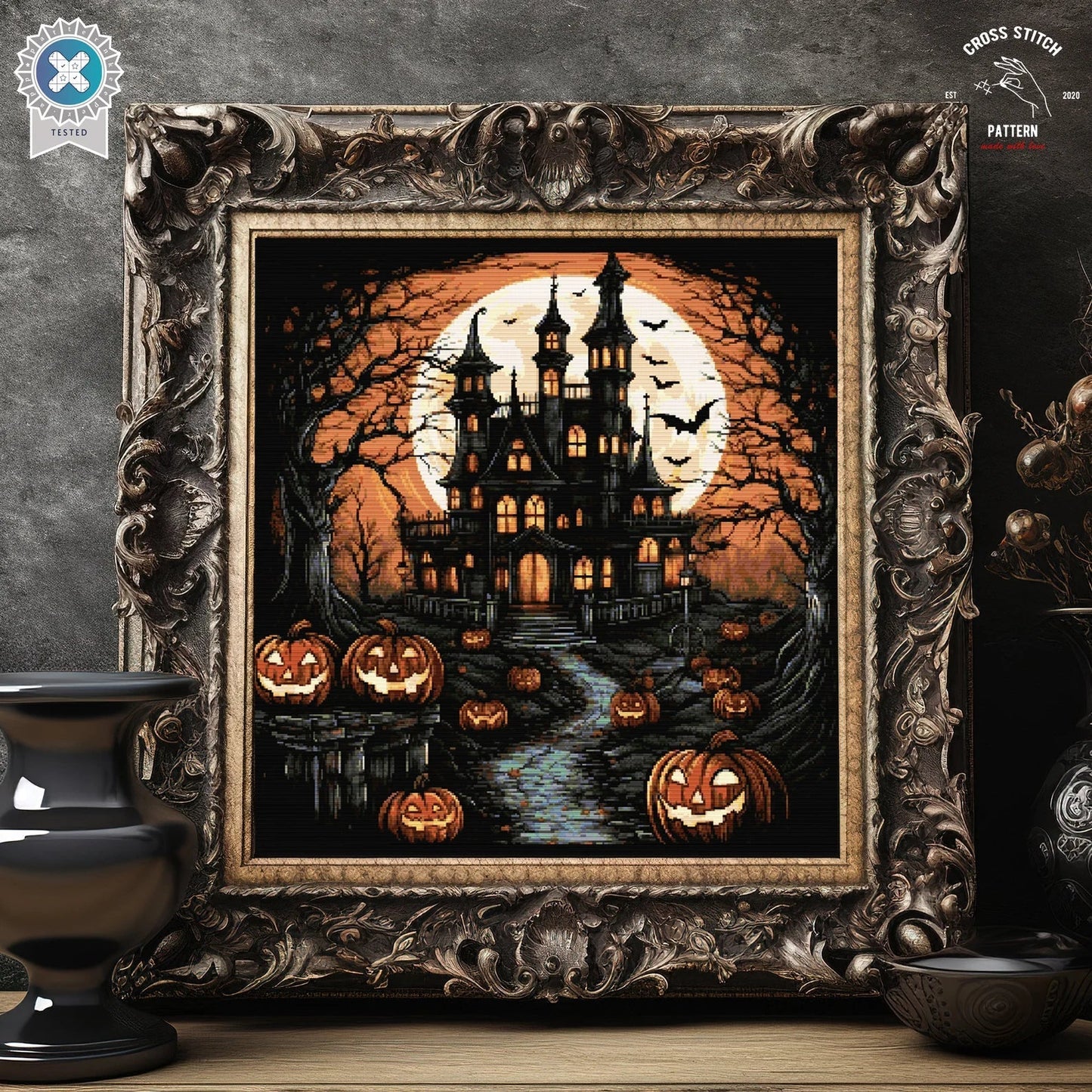 Halloween cross stitch pattern Spooky cross stitch Bat cross stitch Pumpkin cross stitch Ghost embroidery Creepy castle jack o lantern pdf