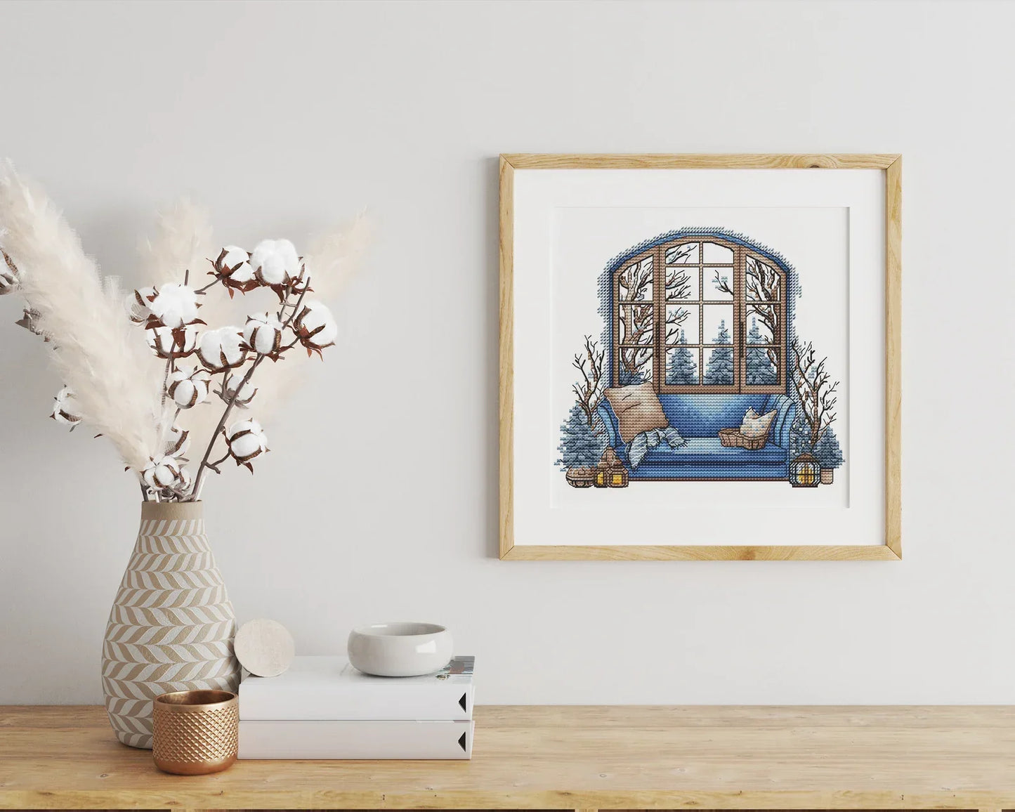 Winter Cross Stitch Pattern PDF, Interior Embroidery PDF, Winter sofa Embroidery PDF, Winter window cross stitch, Embroidery decor