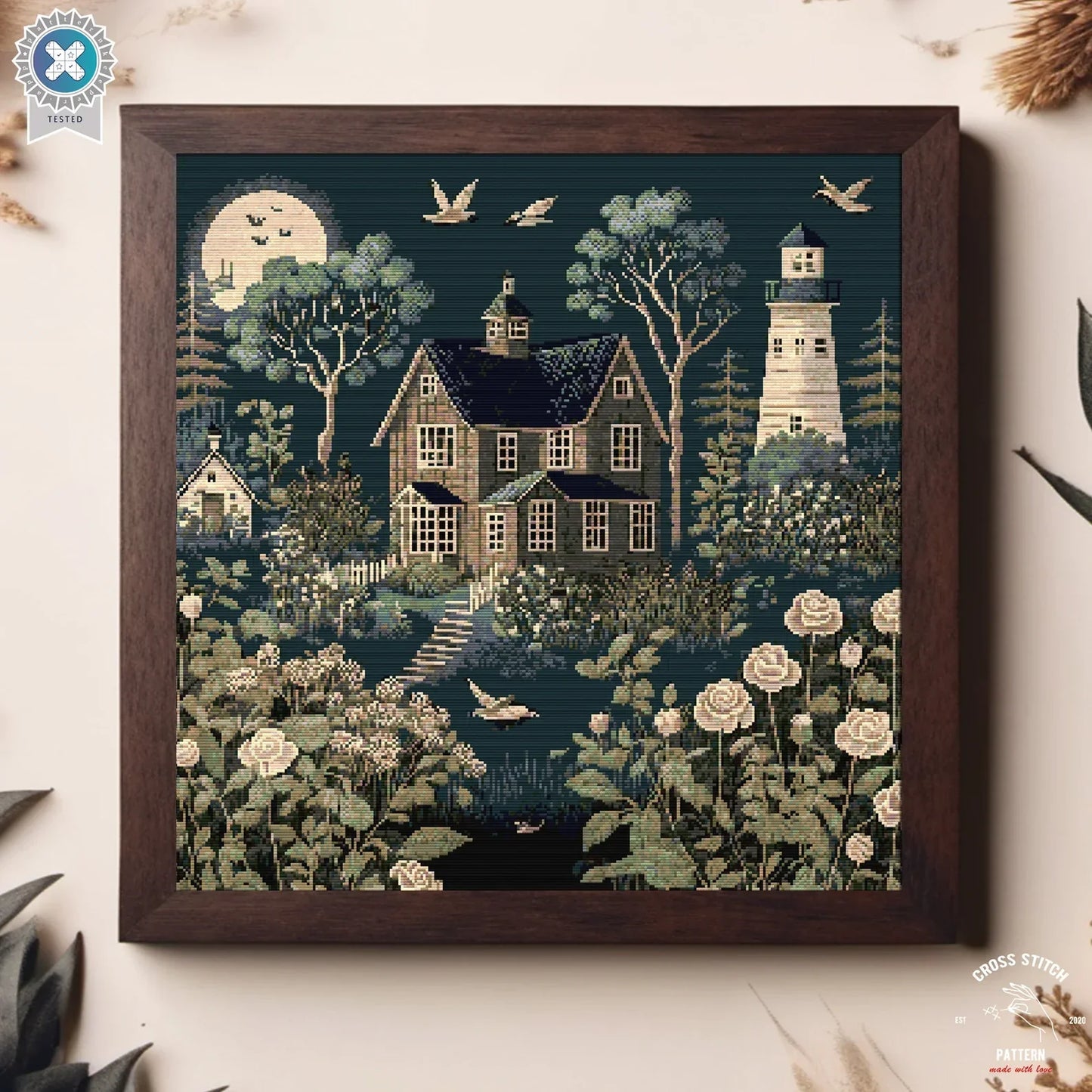 Village houses cross stitch pattern Vintage Cottage Night scene House and Lighthouse chart Landscape cross stitch Full coverage cross stitch