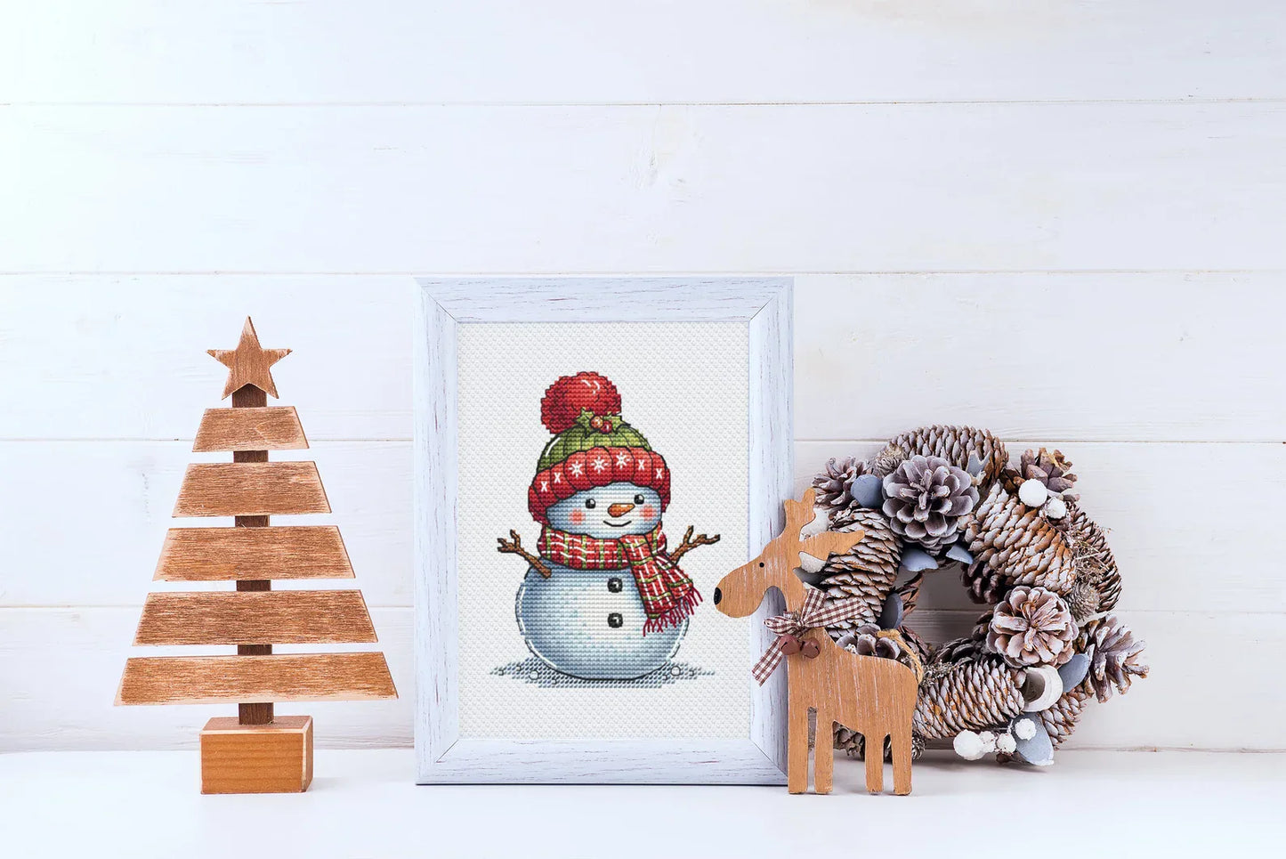Snowman Cross Stitch Pattern, Christmas Holiday Classic Snowman with Red Green Hat and Motley Scarf Whimsical Needlepoint PDF Winter Friend