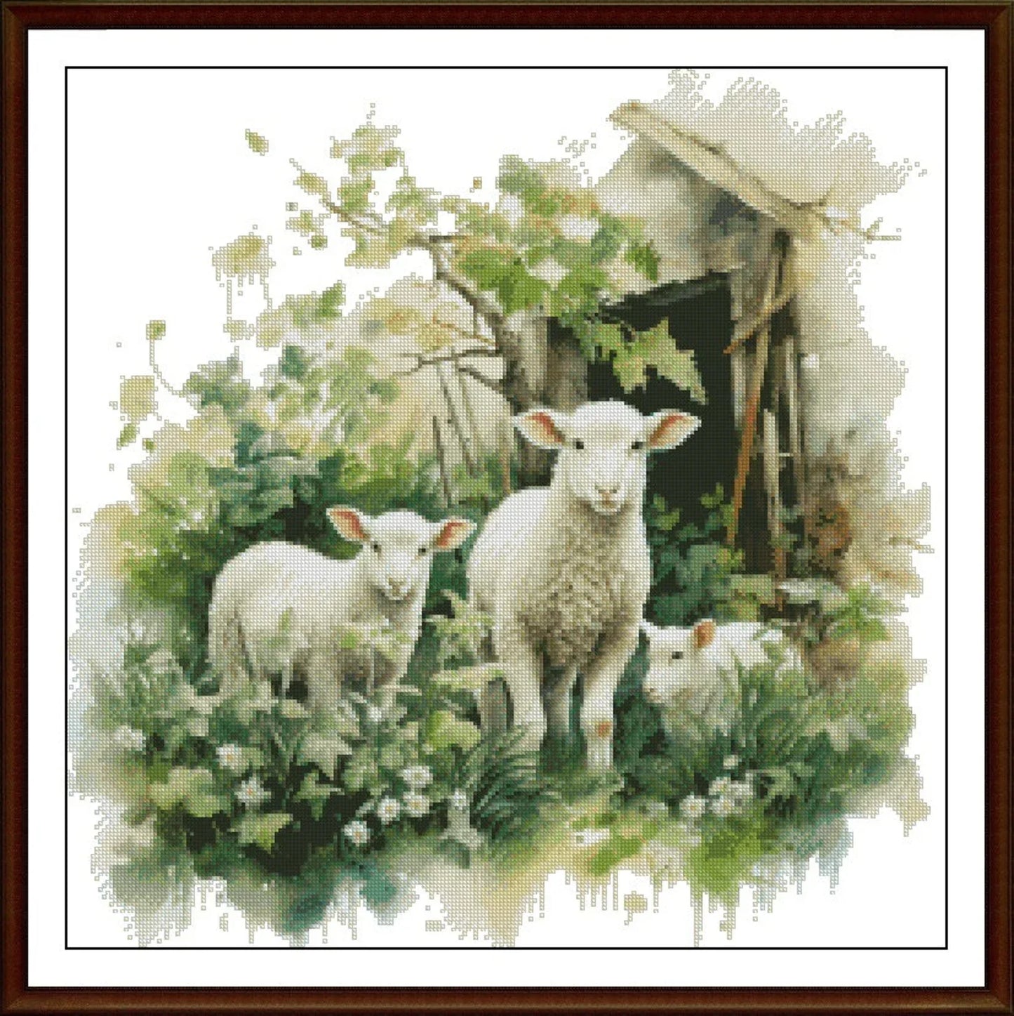Watercolor Cross Stitch Pattern,Three Sheep in Front of Barn,Spring Landscape,Pattern Keeper,xstitch,PDF,Instant Download
