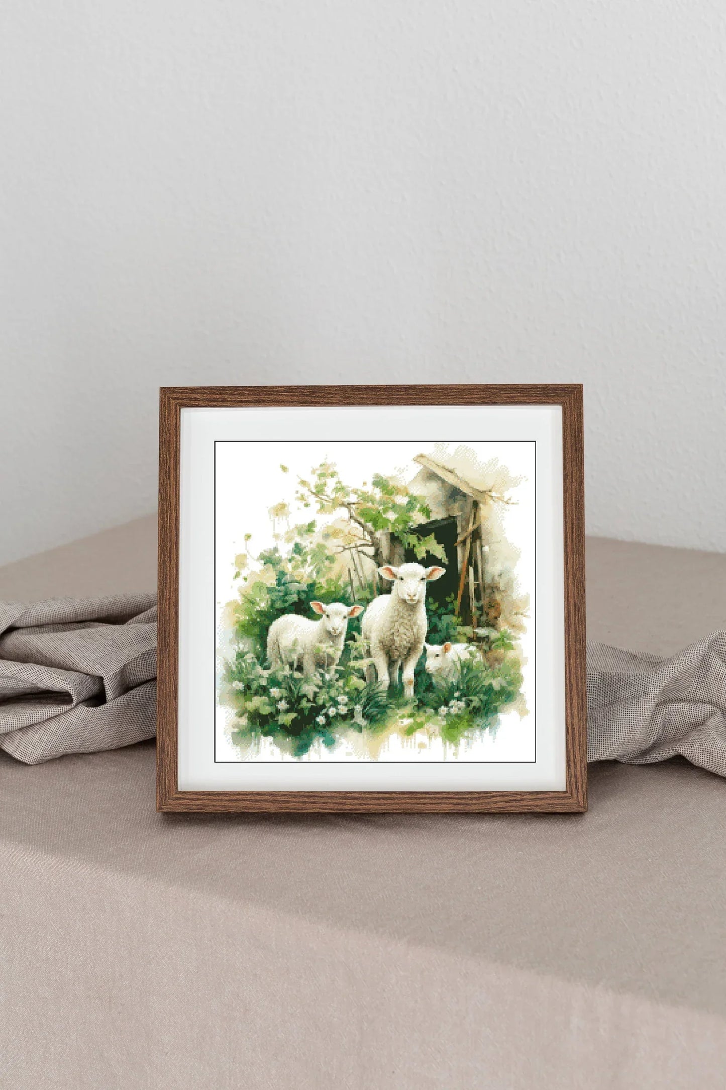 Watercolor Cross Stitch Pattern,Three Sheep in Front of Barn,Spring Landscape,Pattern Keeper,xstitch,PDF,Instant Download