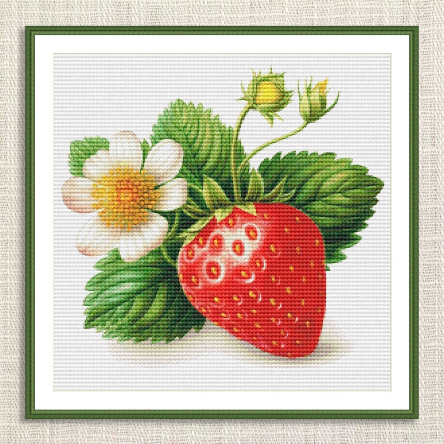 Strawberry Cross Stitch Pattern Kitchen Still Life Modern Decor Pattern Needlepoint chart Summer Berries White Flower Branch Green Leaves