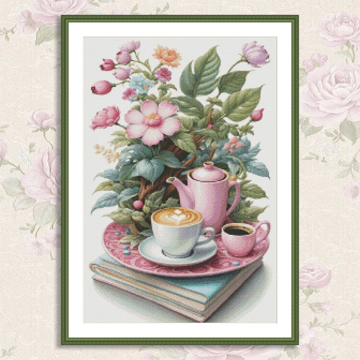 Coffe Time Cross Stitch Pattern Digital Pattern Watercolor Flowers Kitchen Still Life Modern Decor Pattern Cup of coffee Needlepoint chart