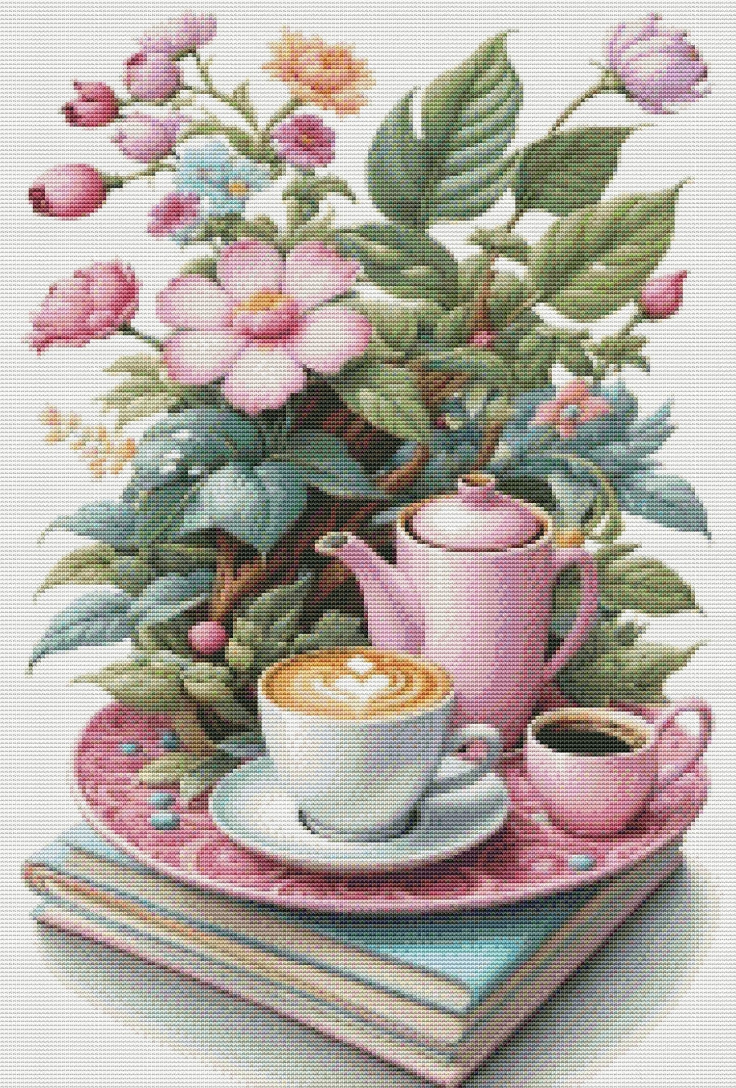 Coffe Time Cross Stitch Pattern Digital Pattern Watercolor Flowers Kitchen Still Life Modern Decor Pattern Cup of coffee Needlepoint chart