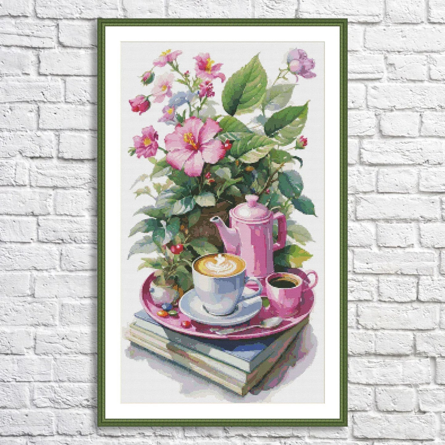 Coffee Time Cross Stitch Pattern Digital Pattern Watercolor Flowers Kitchen Still Life Modern Decor Pattern Cup of coffee Needlepoint chart