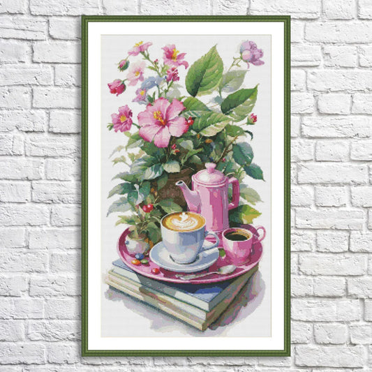 Coffee Time Cross Stitch Pattern Digital Pattern Watercolor Flowers Kitchen Still Life Modern Decor Pattern Cup of coffee Needlepoint chart