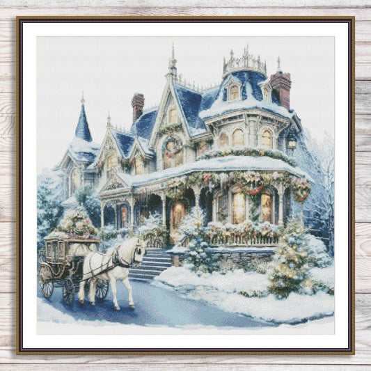Victorian Christmas House Counted Cross Stitch Pattern Winter Landscape Holidays Hand Embroidery Needlepoint Chart Cottage PDF