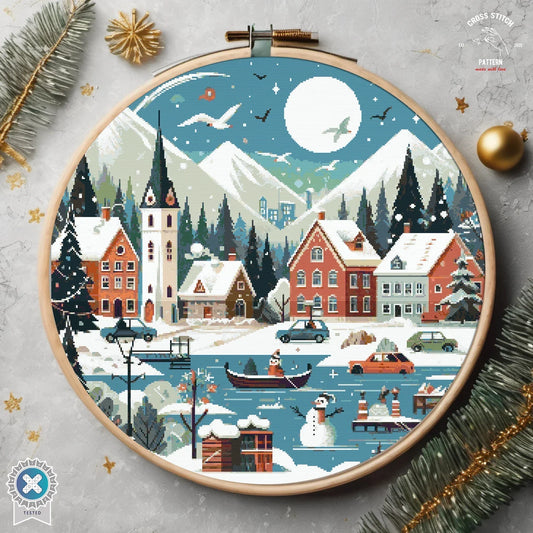 Christmas cross stitch pattern Winter Village embroidery Advent calendar embroidery Christmas tree ornament Christmas village Cute Snowman