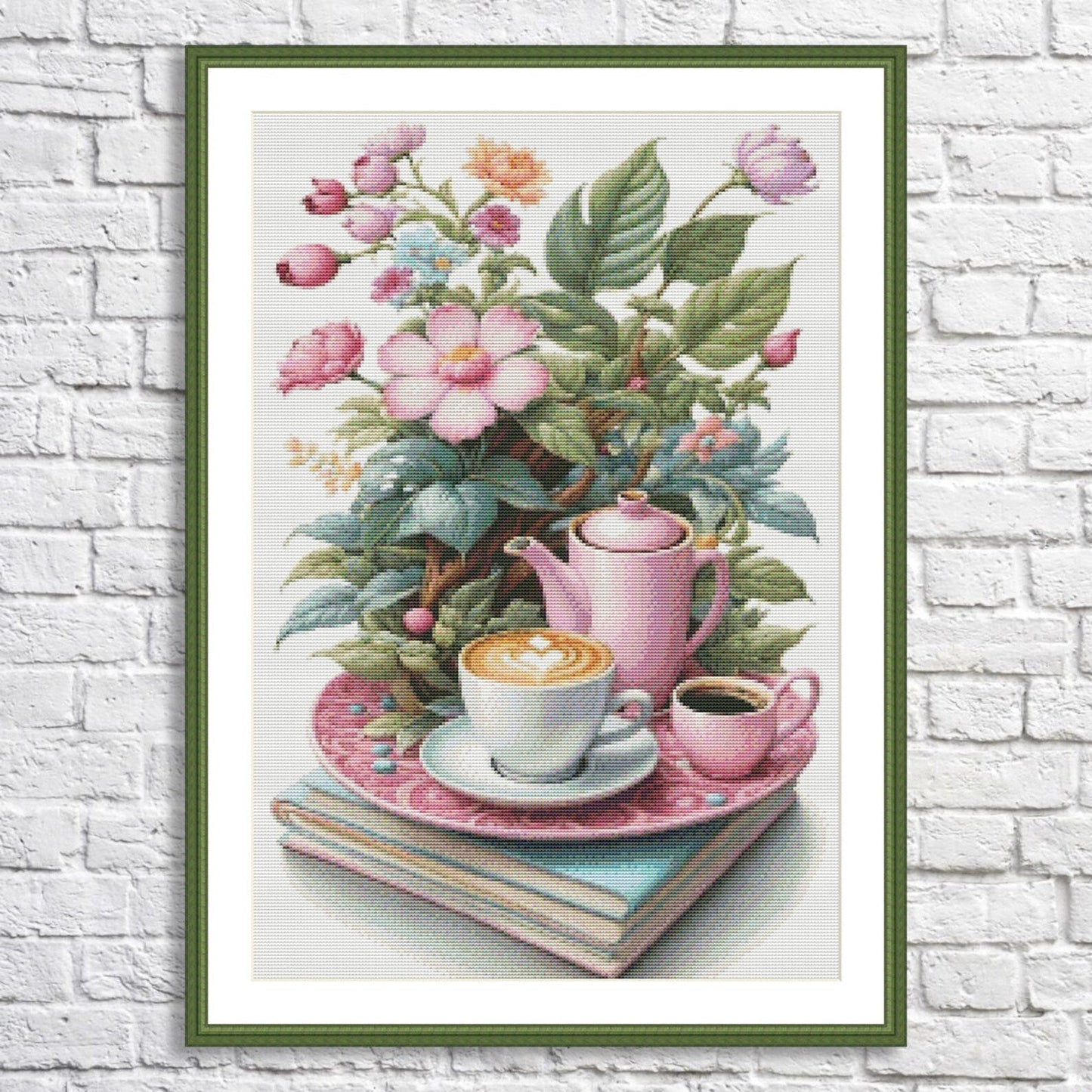 Coffe Time Cross Stitch Pattern Digital Pattern Watercolor Flowers Kitchen Still Life Modern Decor Pattern Cup of coffee Needlepoint chart