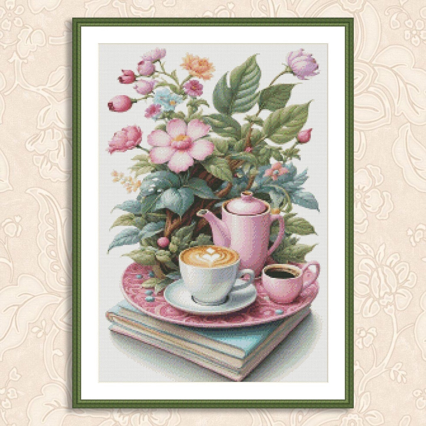 Coffe Time Cross Stitch Pattern Digital Pattern Watercolor Flowers Kitchen Still Life Modern Decor Pattern Cup of coffee Needlepoint chart