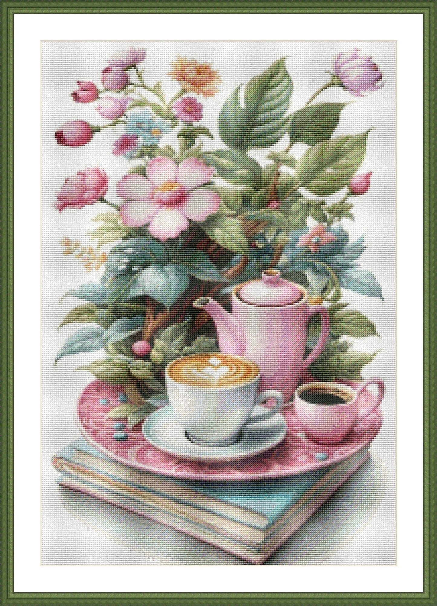 Coffe Time Cross Stitch Pattern Digital Pattern Watercolor Flowers Kitchen Still Life Modern Decor Pattern Cup of coffee Needlepoint chart