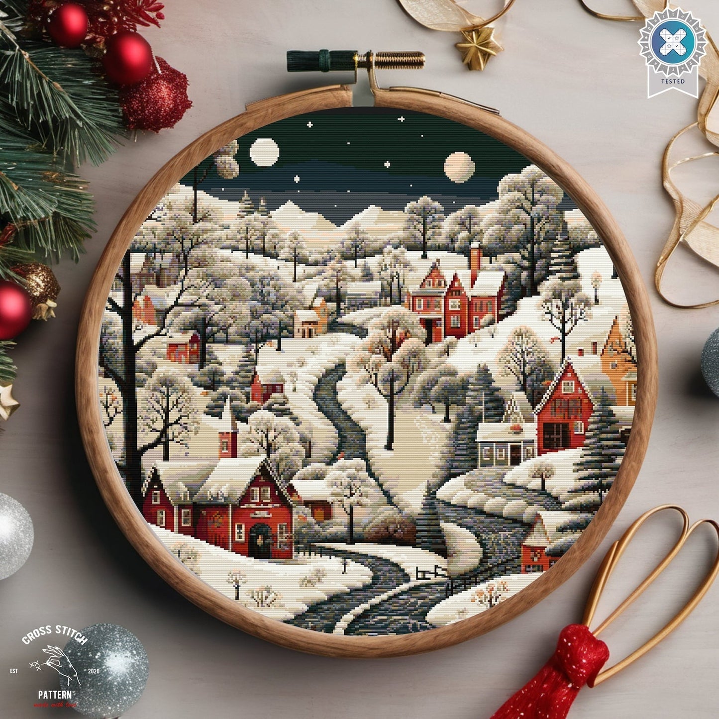 Christmas cross stitch pattern Winter Village embroidery Advent calendar embroidery Christmas tree ornament Christmas village Holiday decor