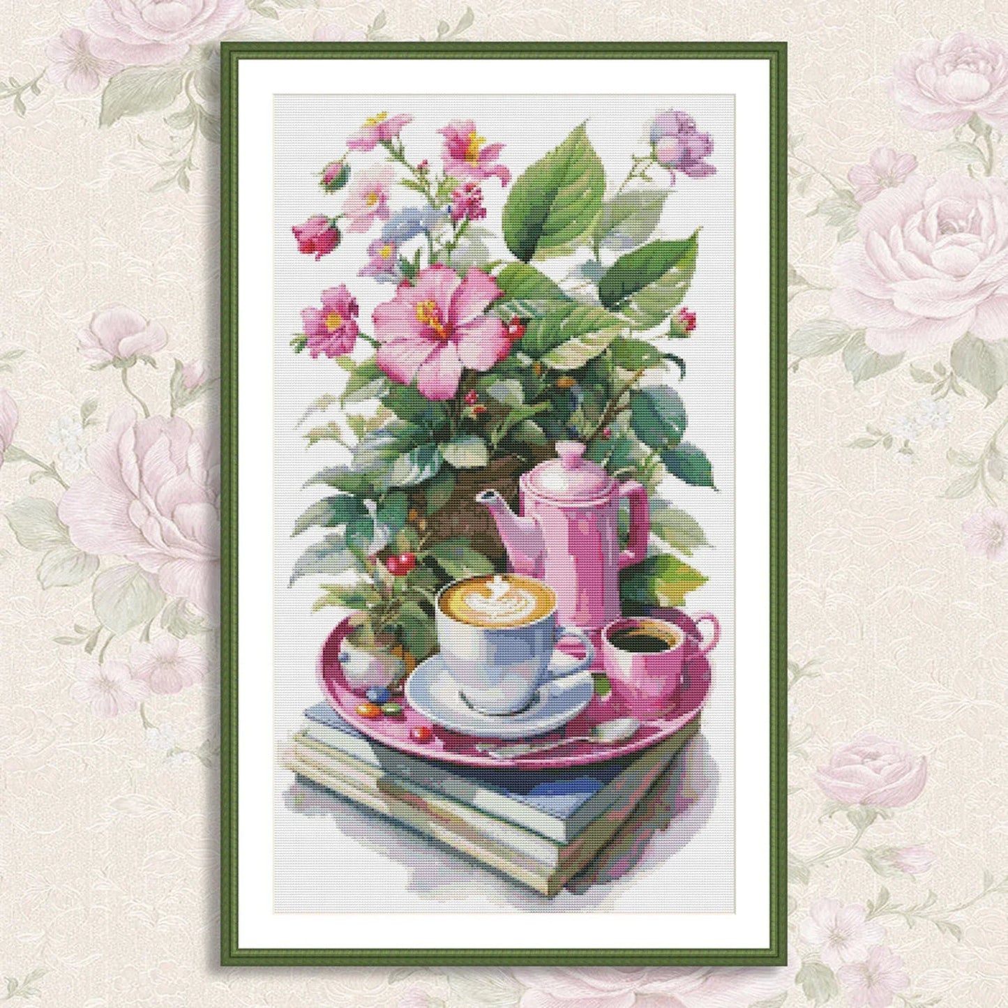 Coffee Time Cross Stitch Pattern Digital Pattern Watercolor Flowers Kitchen Still Life Modern Decor Pattern Cup of coffee Needlepoint chart