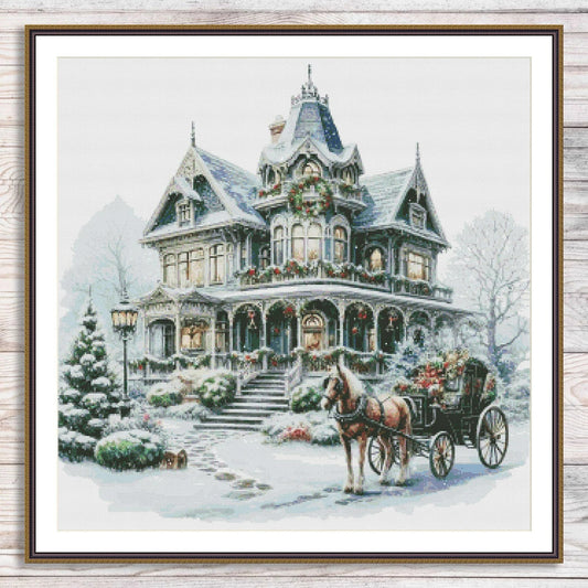 Victorian Christmas House Counted Cross Stitch Pattern Winter Landscape Holidays Hand Embroidery Needlepoint Chart Cottage PDF