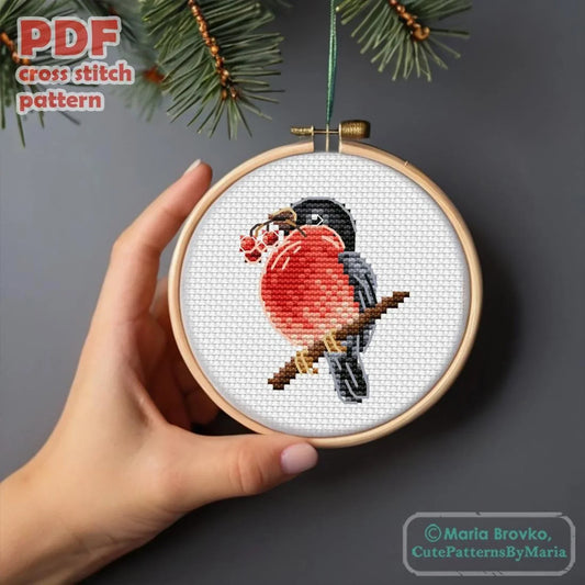 Cross Stitch Pattern Little bullfinch with berries DMC Chart Embroidery Chart Printable PDF Instant Download