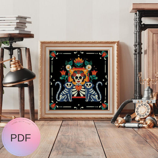Folk Art Skeleton With Cat Skeletons Cross Stitch Pattern, Watercolor X Stitch Chart , Instant Download, Pdf, Day of the Dead