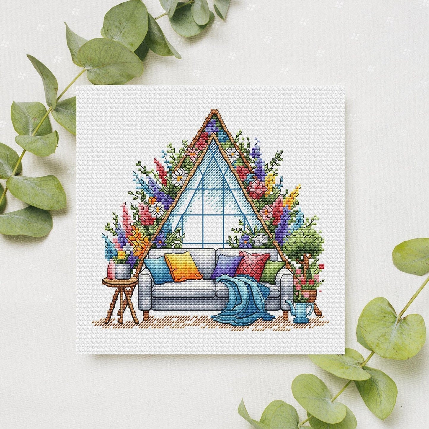 Garden Pattern for Cross Stitch, Spring Embroidery PDF, Green Garden Embroidery PDF, Terrace window cross stitch, Embroidery Counted Cross