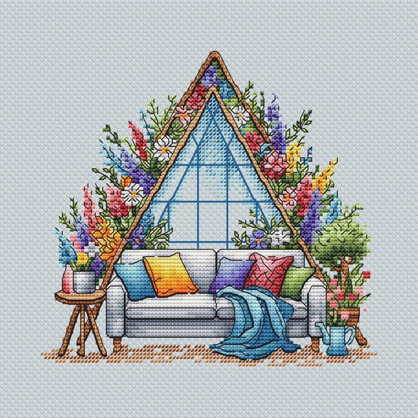 Garden Pattern for Cross Stitch, Spring Embroidery PDF, Green Garden Embroidery PDF, Terrace window cross stitch, Embroidery Counted Cross