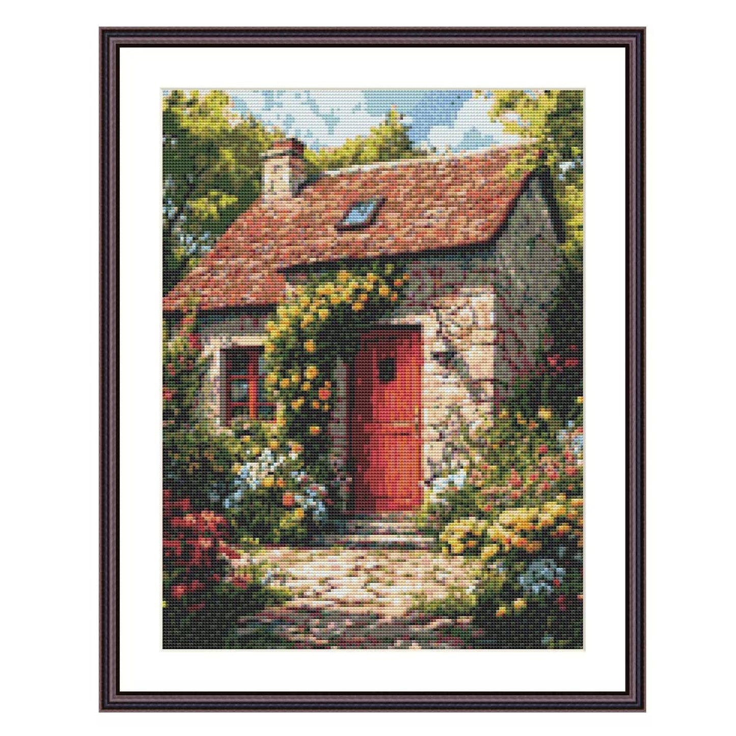 Red Door Garden Shed Scene Cross Stitch Pattern - Garden Cross Stitch - Download - Full Coverage Cross Stitch