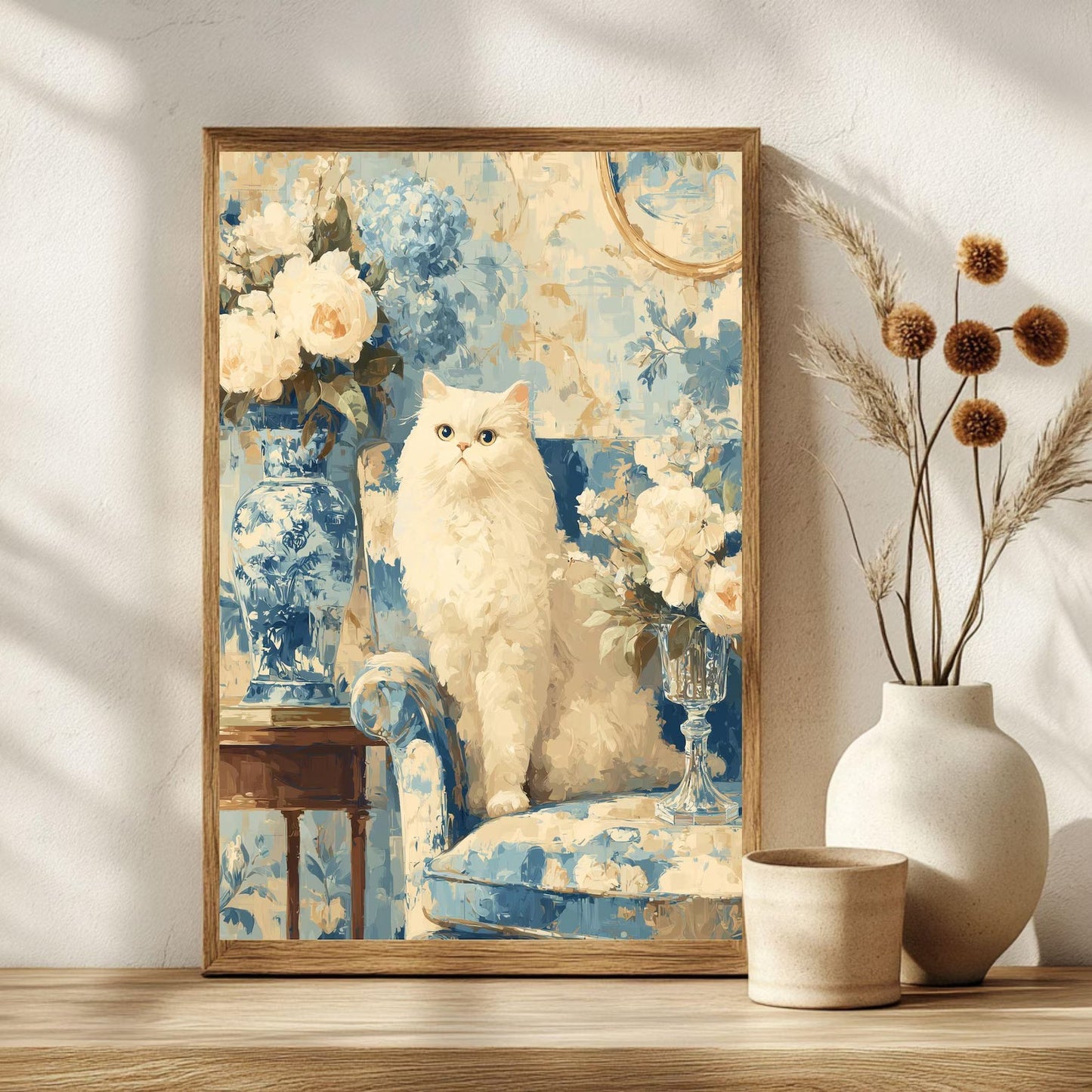 Elegant White Cat Floral Art Print | Digital Download | Cat Lovers Wall Art | Floral Decor Gift | Modern Home Decoration | White Cat Art