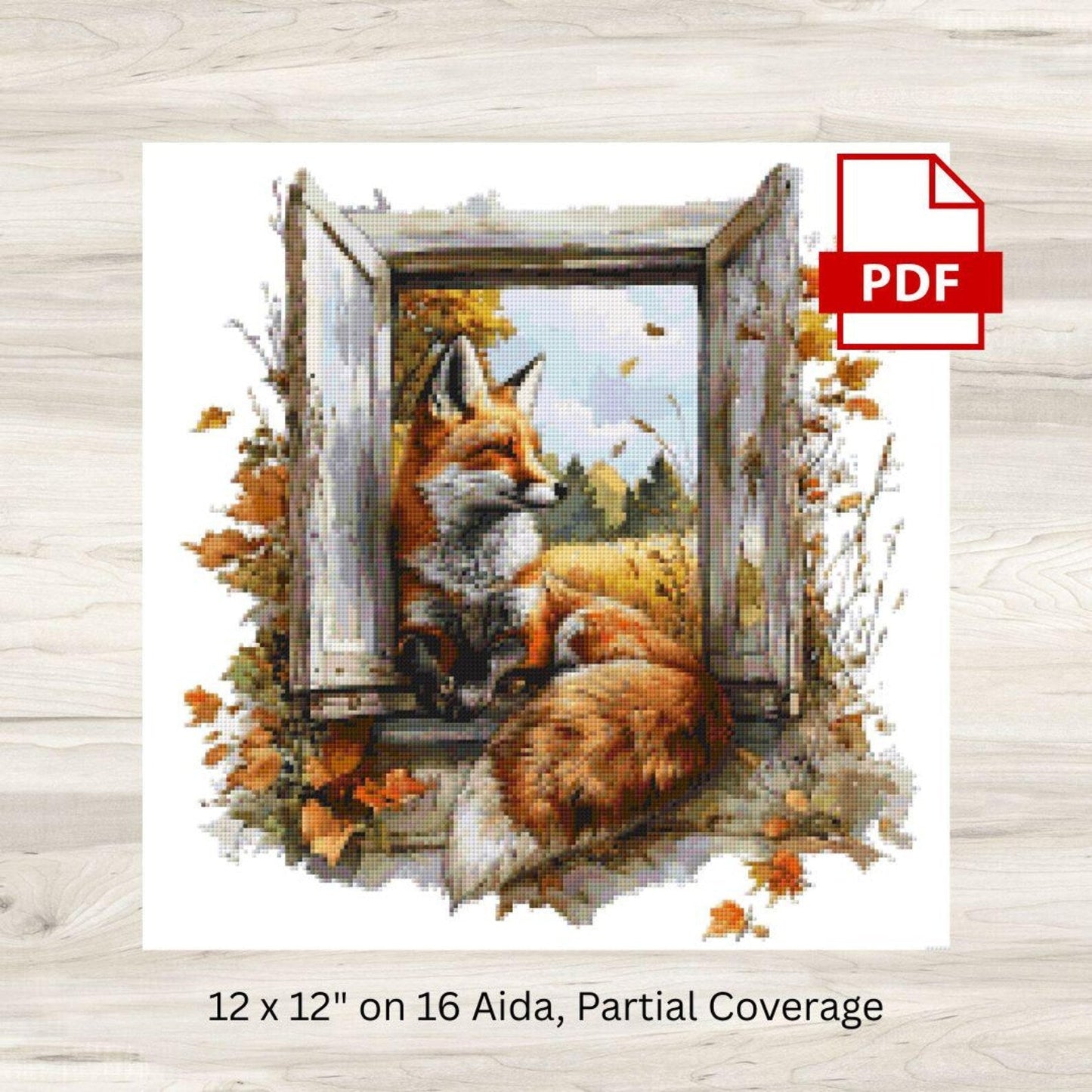 Cross Stitch Pattern: Farm Window Fox in Autumn - PDF Instant Download