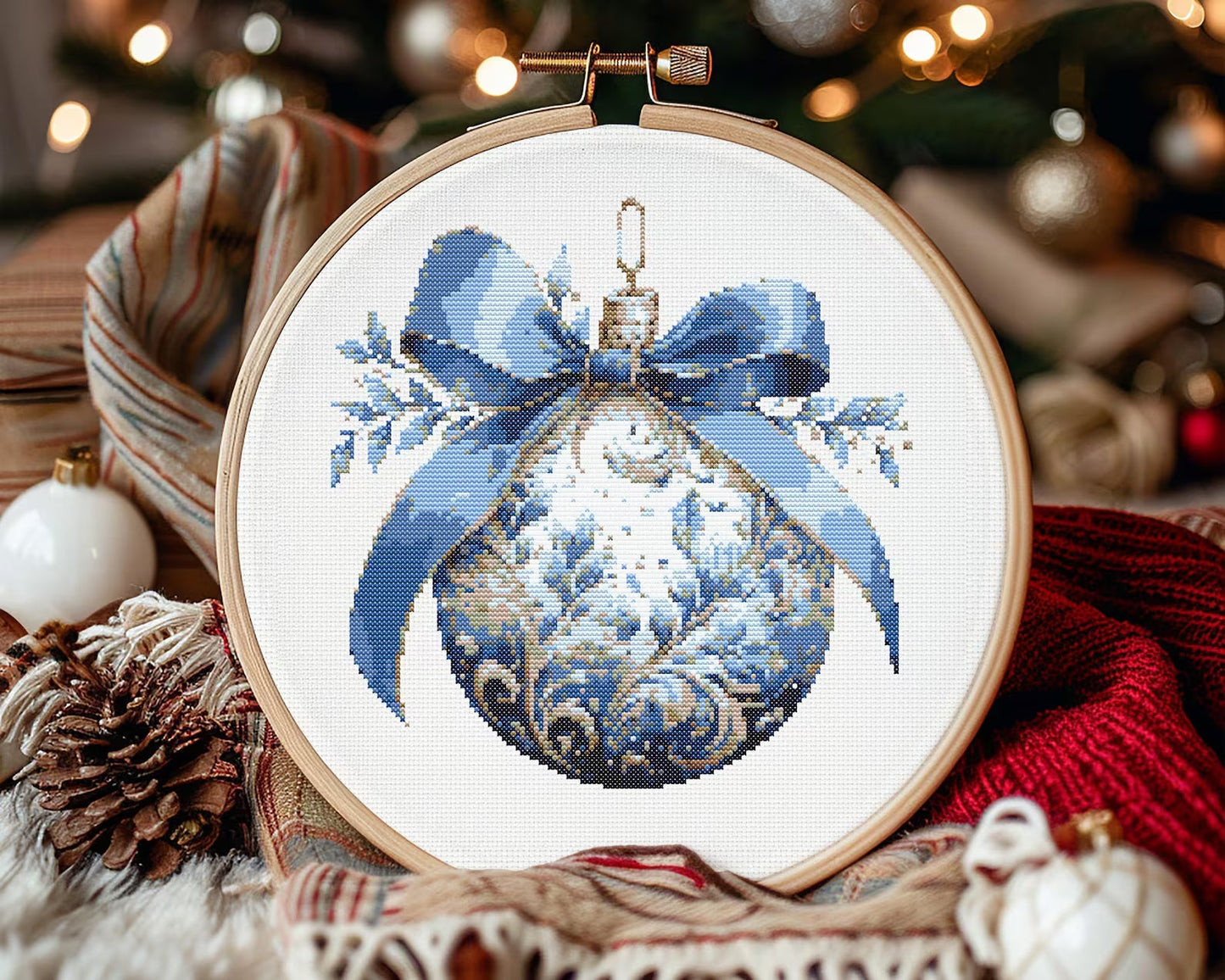 Blue Gold Bauble Cross Stitch Pattern | PDF Guide | Digital Download | Christmas Cross Stitch Wall Art | Intermediate Cross Stitch