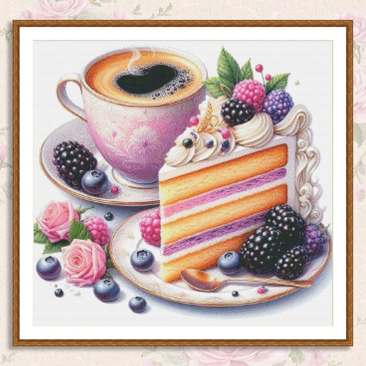 Coffee and Berry Cake Cross Stitch Pattern, Elegant Dessert and Tea Embroidery Design, Instant PDF Download for Kitchen Decor
