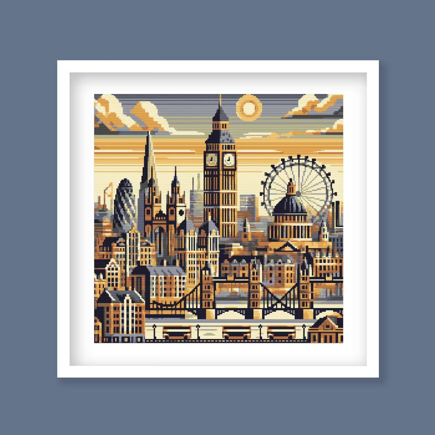 Geometric London Cross Stitch Pattern - Modern Village Architecture Embroidery Design, Big Ben, Tower Bridge & London Eye, Digital Download.