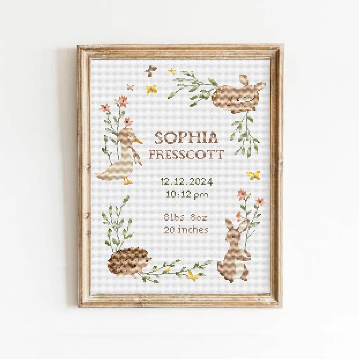 Baby Birth Announcement Cross Stitch Pattern, Customizable Floral Animal Embroidery PDF, Modern Girl Boy Nursery Decor, DIY Baby Shower Gift