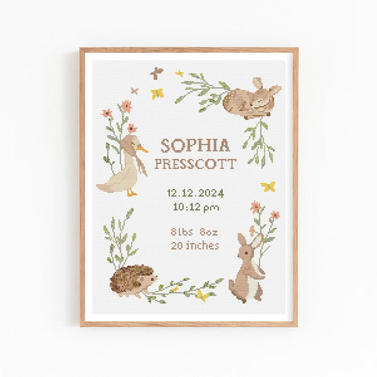 Baby Birth Announcement Cross Stitch Pattern, Customizable Floral Animal Embroidery PDF, Modern Girl Boy Nursery Decor, DIY Baby Shower Gift